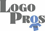 Graphic design company logo featuring the words "logo pros" with a stylized t-shirt icon.